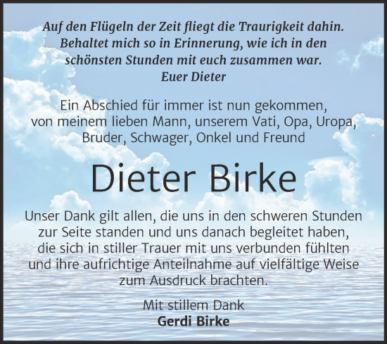 Traueranzeige von Dieter Birke von Trauerkombi Wittenberg
