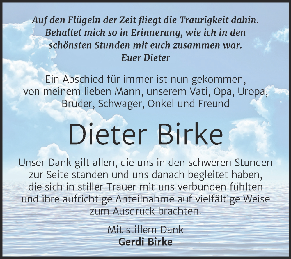  Traueranzeige für Dieter Birke vom 16.08.2025 aus Trauerkombi Wittenberg