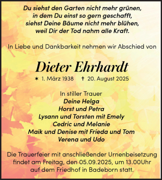 Traueranzeige von Dieter Ehrhardt von Trauerkombi Quedlinburg