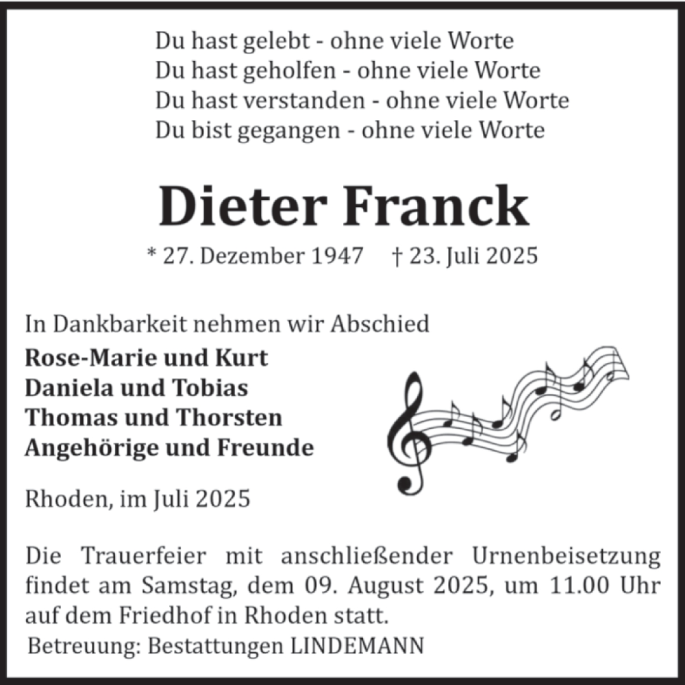  Traueranzeige für Dieter Franck vom 02.08.2025 aus Volksstimme Halberstadt