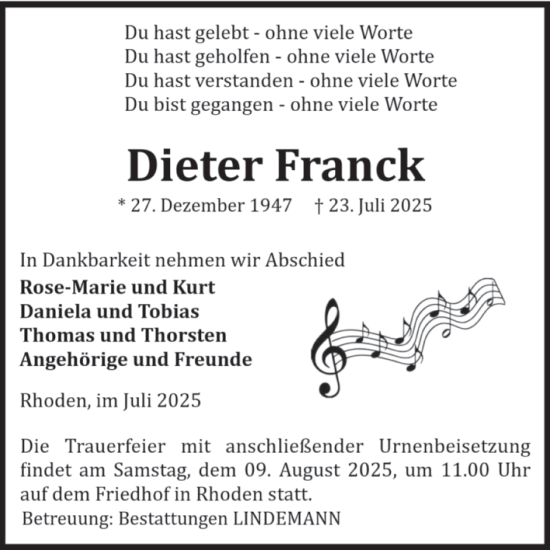 Traueranzeige von Dieter Franck von Volksstimme Halberstadt