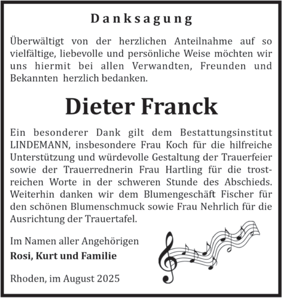  Traueranzeige für Dieter Franck vom 16.08.2025 aus Volksstimme Halberstadt