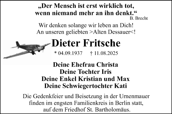 Traueranzeige von Dieter Fritsche von Trauerkombi Dessau