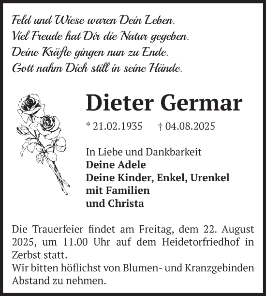Traueranzeige von Dieter Germar von Volksstimme Zerbst