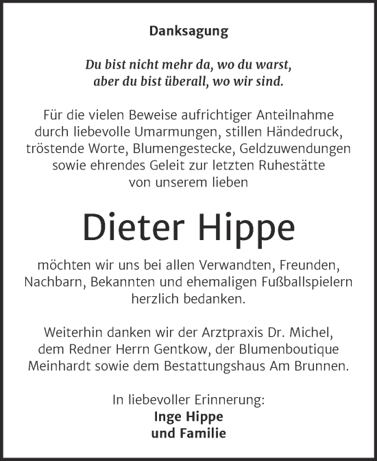 Traueranzeige von Dieter Hippe von Trauerkombi Mansfelder Land
