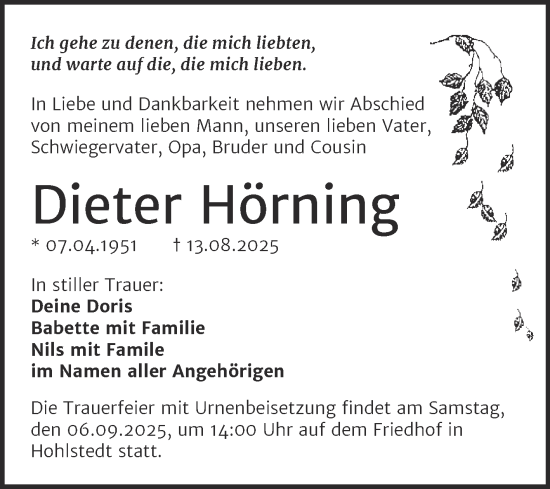 Traueranzeige von Dieter Hörning von Trauerkombi Sangerhausen