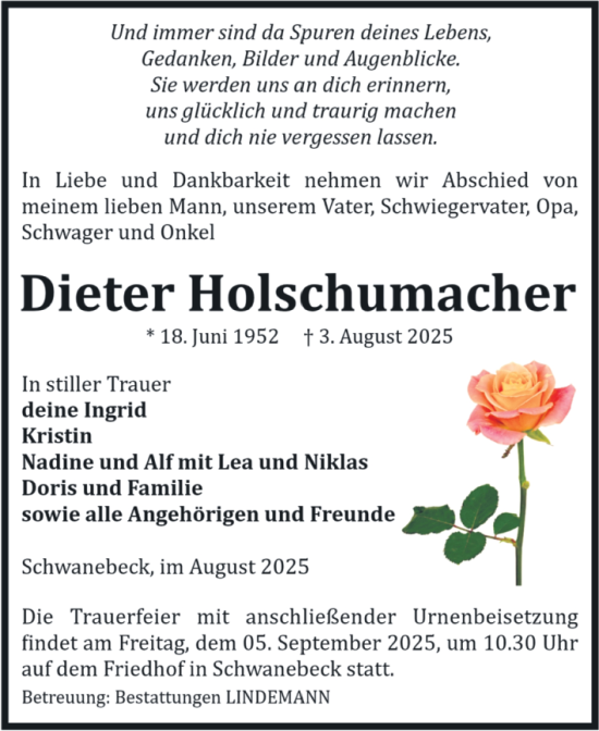 Traueranzeige von Dieter Holschumacher von Volksstimme Halberstadt
