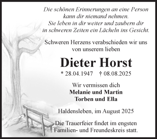 Traueranzeige von Dieter Horst von Volksstimme Haldensleben/Wolmirstedt