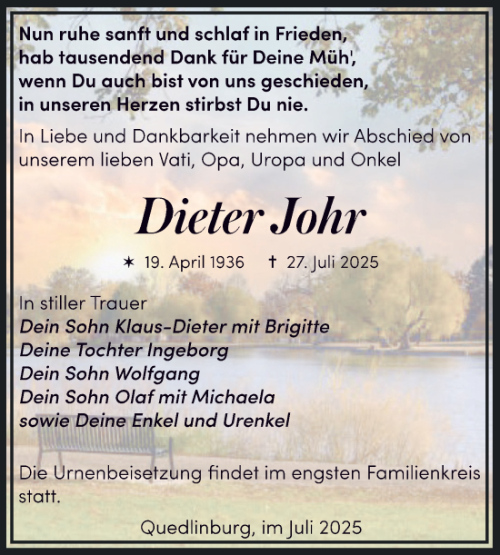 Traueranzeige von Dieter Johr von Trauerkombi Quedlinburg