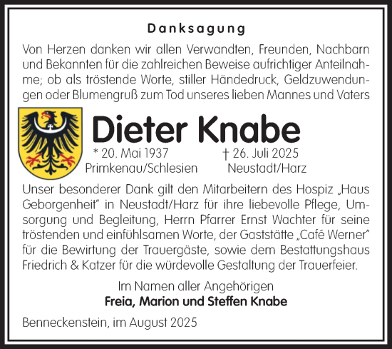Traueranzeige von Dieter Knabe von Volksstimme Wernigerode