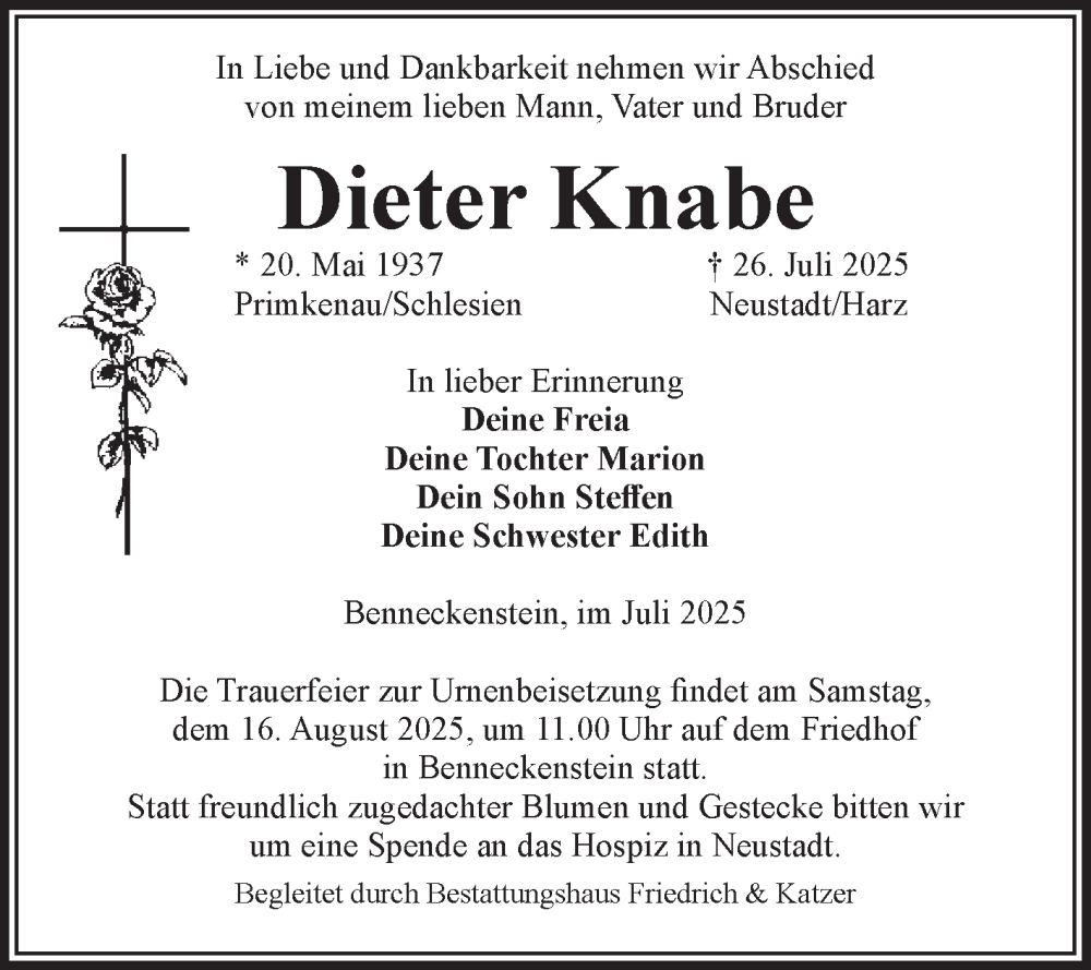  Traueranzeige für Dieter Knabe vom 09.08.2025 aus Volksstimme Wernigerode