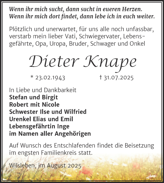 Traueranzeige von Dieter Knape von Trauerkombi Aschersleben