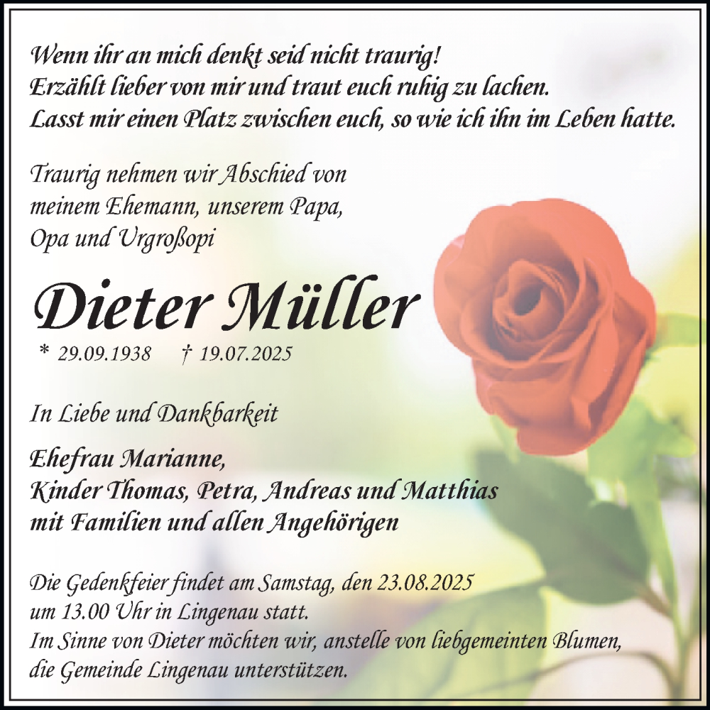  Traueranzeige für Dieter Müller vom 09.08.2025 aus Trauerkombi Dessau