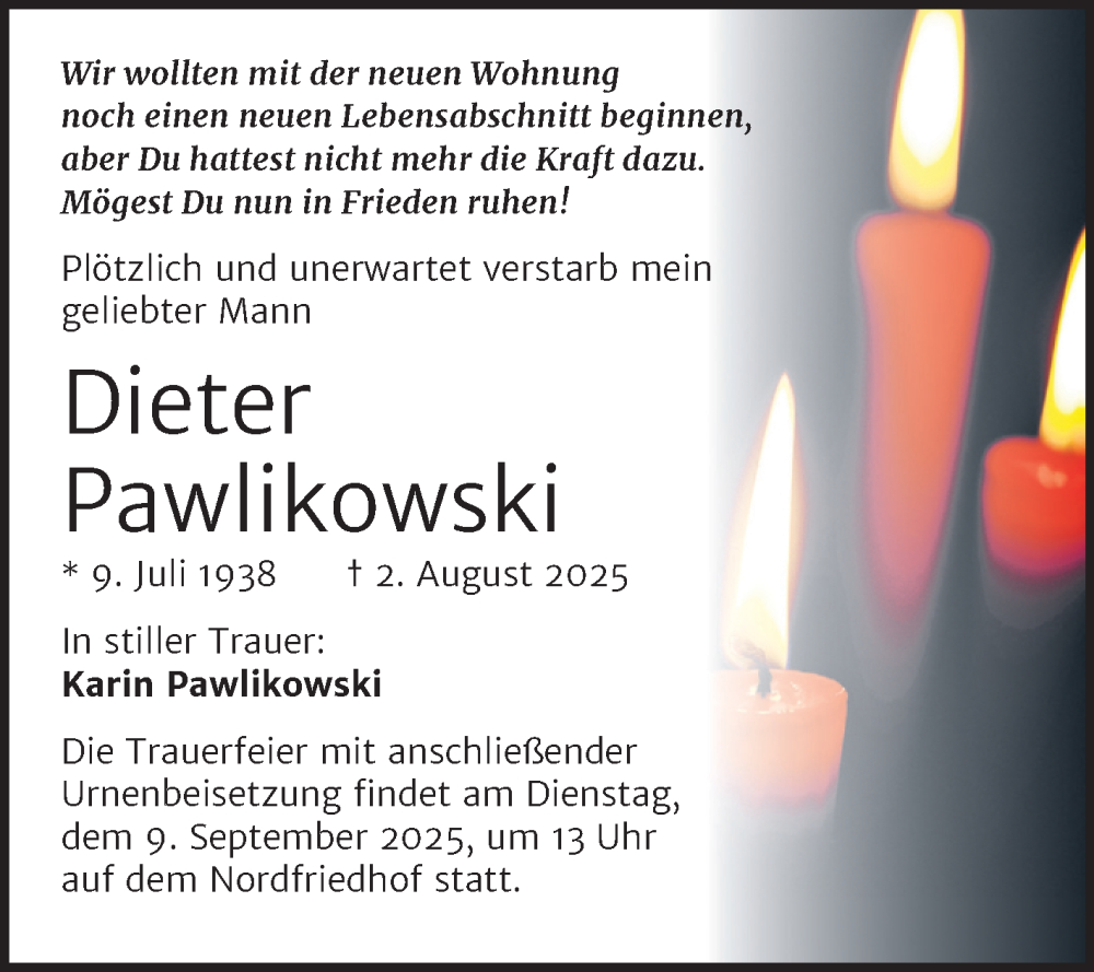  Traueranzeige für Dieter Pawlikowski vom 16.08.2025 aus Mitteldeutsche Zeitung Halle/Saalkreis