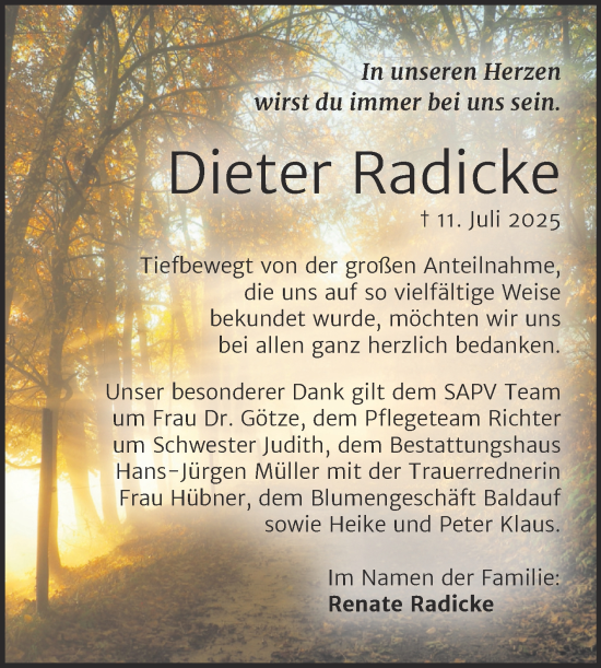 Traueranzeige von Dieter Radicke von Trauerkombi Aschersleben