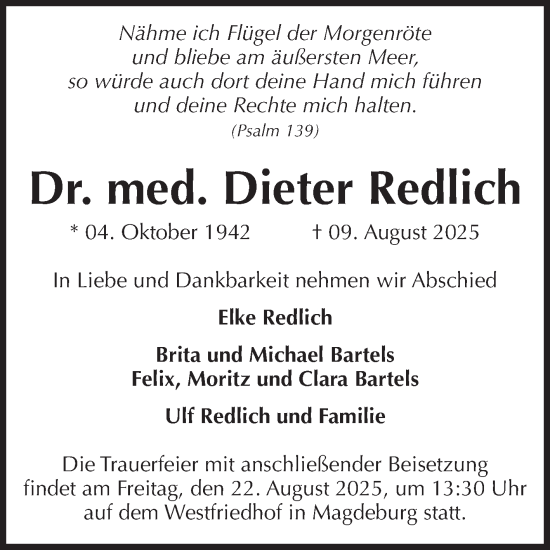 Traueranzeige von Dieter Redlich von Volksstimme Burg/Genthin