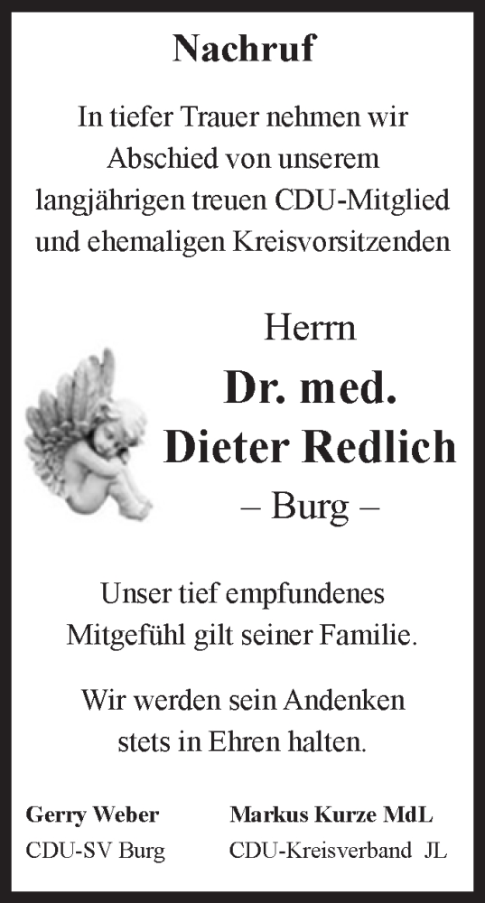 Traueranzeige von Dieter Redlich von Volksstimme Burg/Genthin