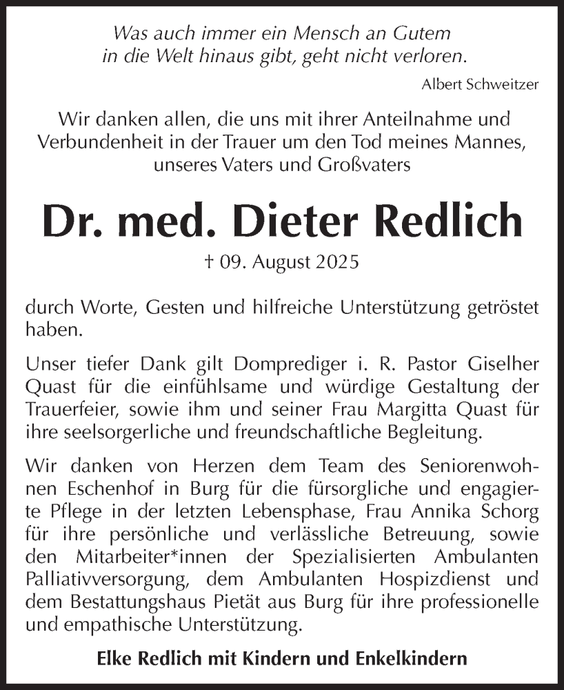  Traueranzeige für Dieter Redlich vom 30.08.2025 aus Volksstimme Burg/Genthin