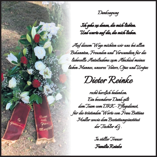 Traueranzeige von Dieter Reinke von Trauerkombi Wittenberg