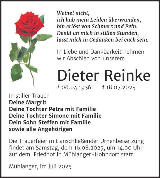 Traueranzeige von Dieter Reinke von Trauerkombi Wittenberg