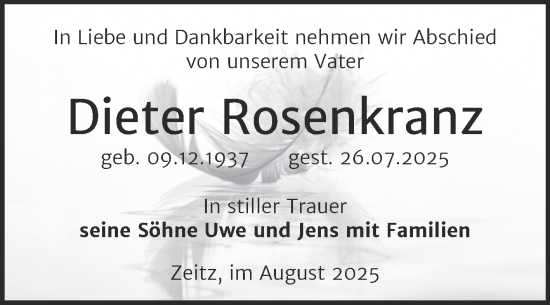 Traueranzeige von Dieter Rosenkranz von Trauerkombi Zeitz