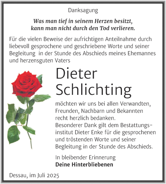 Traueranzeige von Dieter Schlichting von Mitteldeutsche Zeitung Dessau-Roßlau