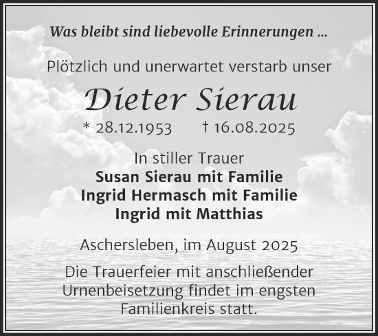 Traueranzeige von Dieter Sierau von Trauerkombi Aschersleben