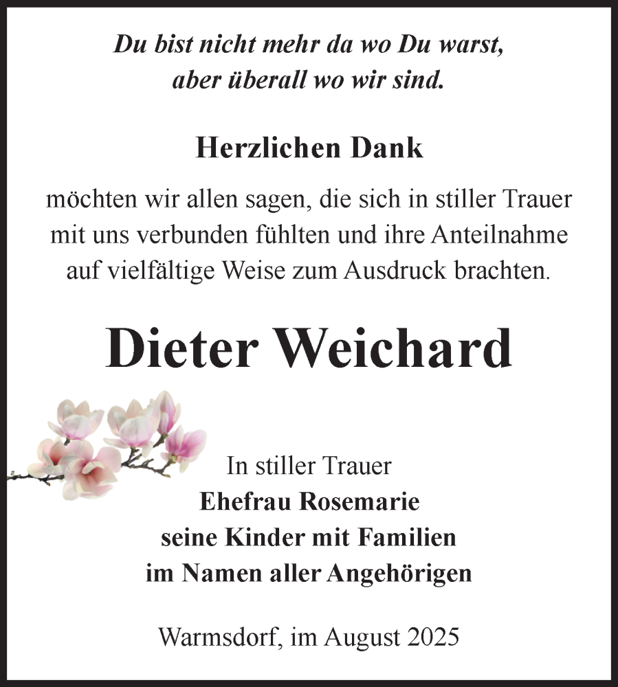  Traueranzeige für Dieter Weichard vom 01.08.2025 aus 