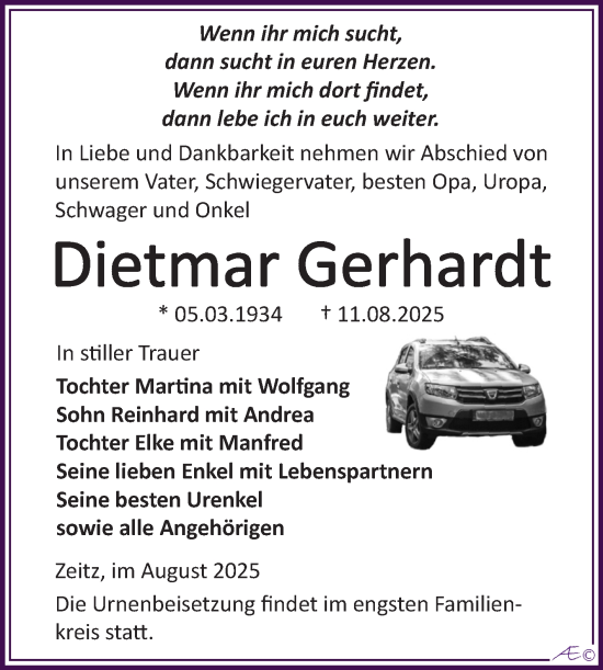 Traueranzeige von Dietmar Gerhardt von Trauerkombi Zeitz