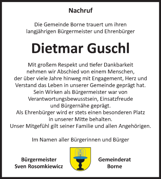 Traueranzeige von Dietmar Guschl von Volksstimme Staßfurt