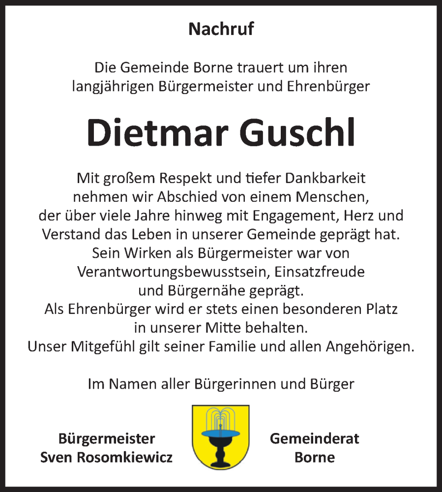  Traueranzeige für Dietmar Guschl vom 16.08.2025 aus Volksstimme Staßfurt