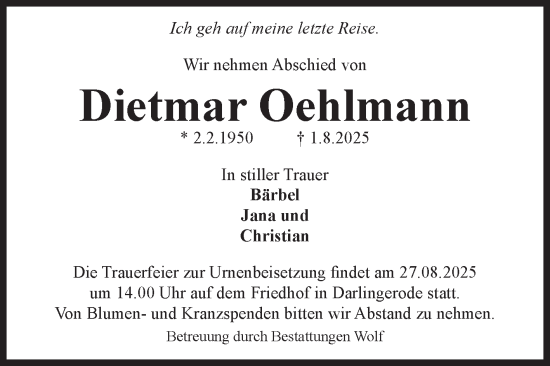 Traueranzeige von Dietmar Oehlmann von Volksstimme Wernigerode
