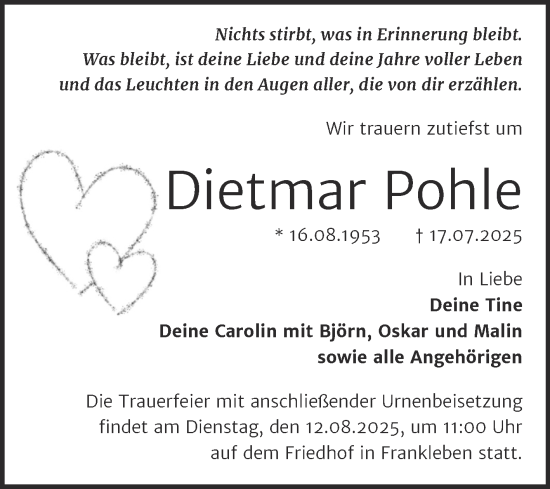 Traueranzeige von Dietmar Pohle von Trauerkombi Merseburg