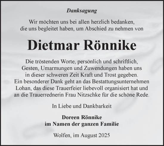 Traueranzeige von Dietmar Rönnike von Trauerkombi Bitterfeld