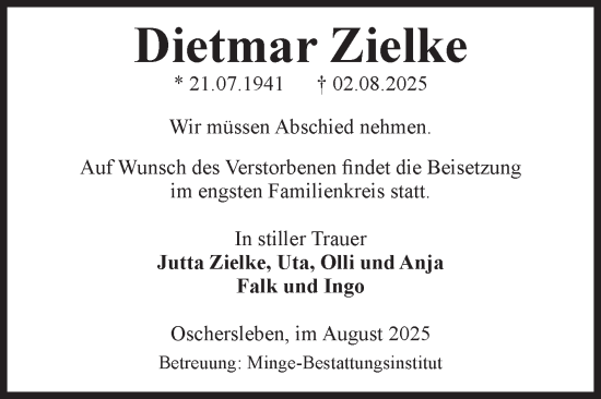 Traueranzeige von Dietmar Zielke von Volksstimme Oschersleben/Wanzleben