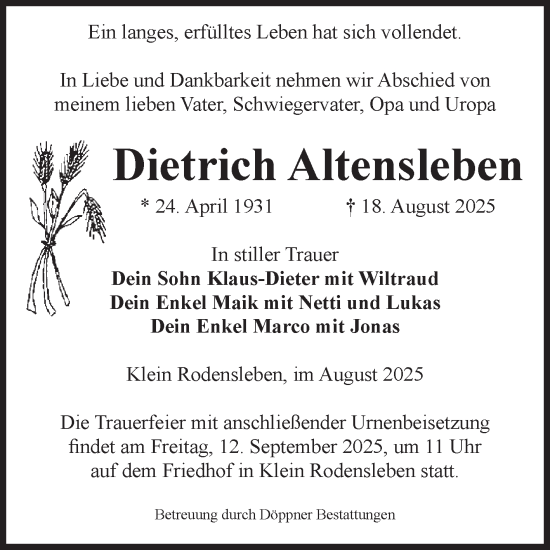 Traueranzeige von Dietrich Altensleben von Volksstimme Oschersleben/Wanzleben