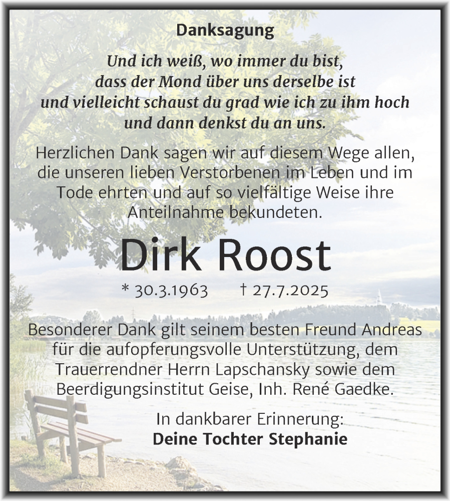  Traueranzeige für Dirk Roost vom 23.08.2025 aus Trauerkombi Köthen