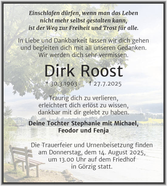 Traueranzeige von Dirk Roost von Trauerkombi Köthen