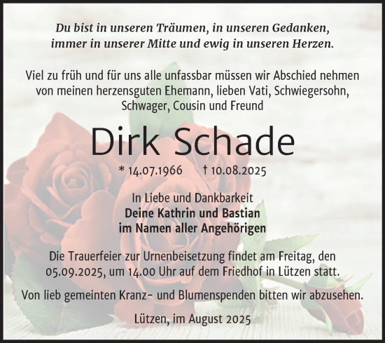 Traueranzeige von Dirk Schade von Trauerkombi Weißenfels