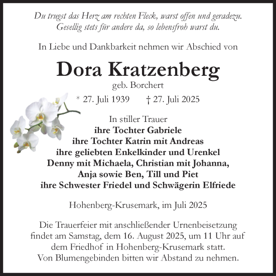 Traueranzeige von Dora Kratzenberg von Volksstimme Altmark Ost