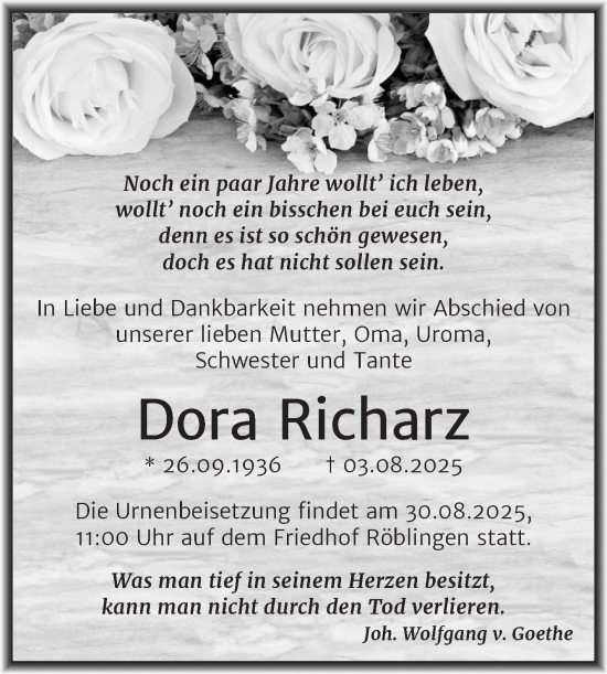 Traueranzeige von Dora Richarz von Trauerkombi Mansfelder Land