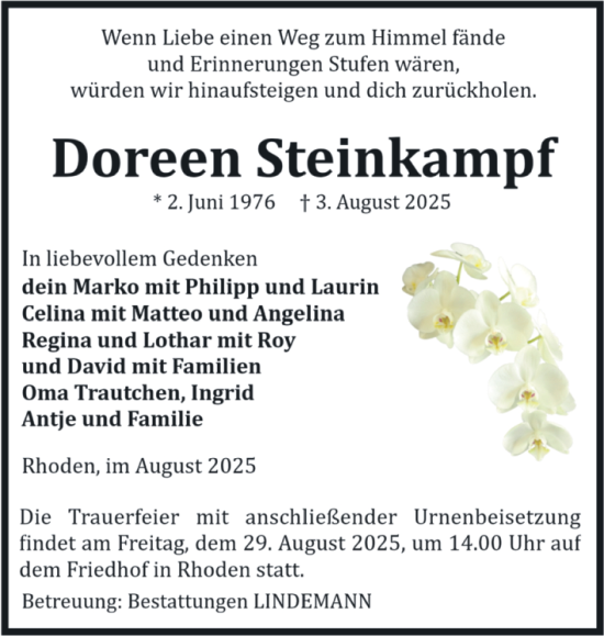 Traueranzeige von Doreen Steinkampf von Volksstimme Halberstadt