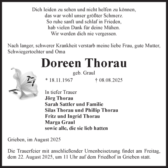 Traueranzeige von Doreen Thorau von Volksstimme Altmark Ost