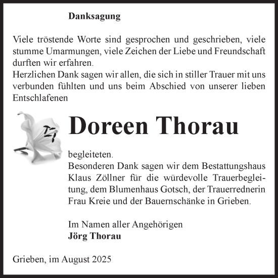 Traueranzeige von Doreen Thorau von Volksstimme Altmark Ost