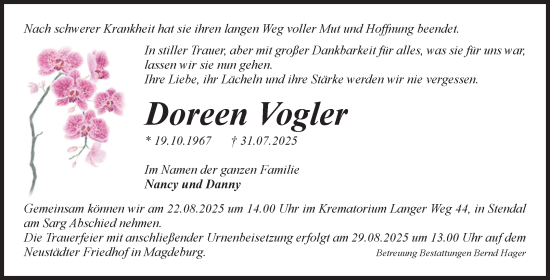 Traueranzeige von Doreen Vogler von Volksstimme Magdeburg