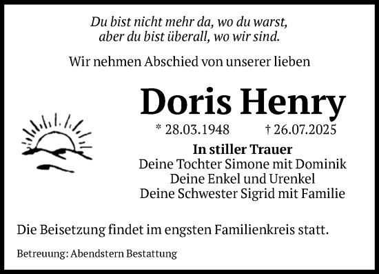 Traueranzeige von Doris Henry von Volksstimme Altmark Ost