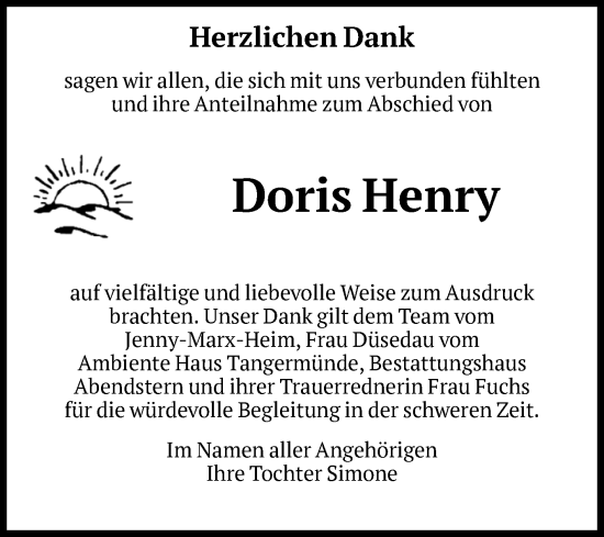 Traueranzeige von Doris Henry von Volksstimme Altmark Ost
