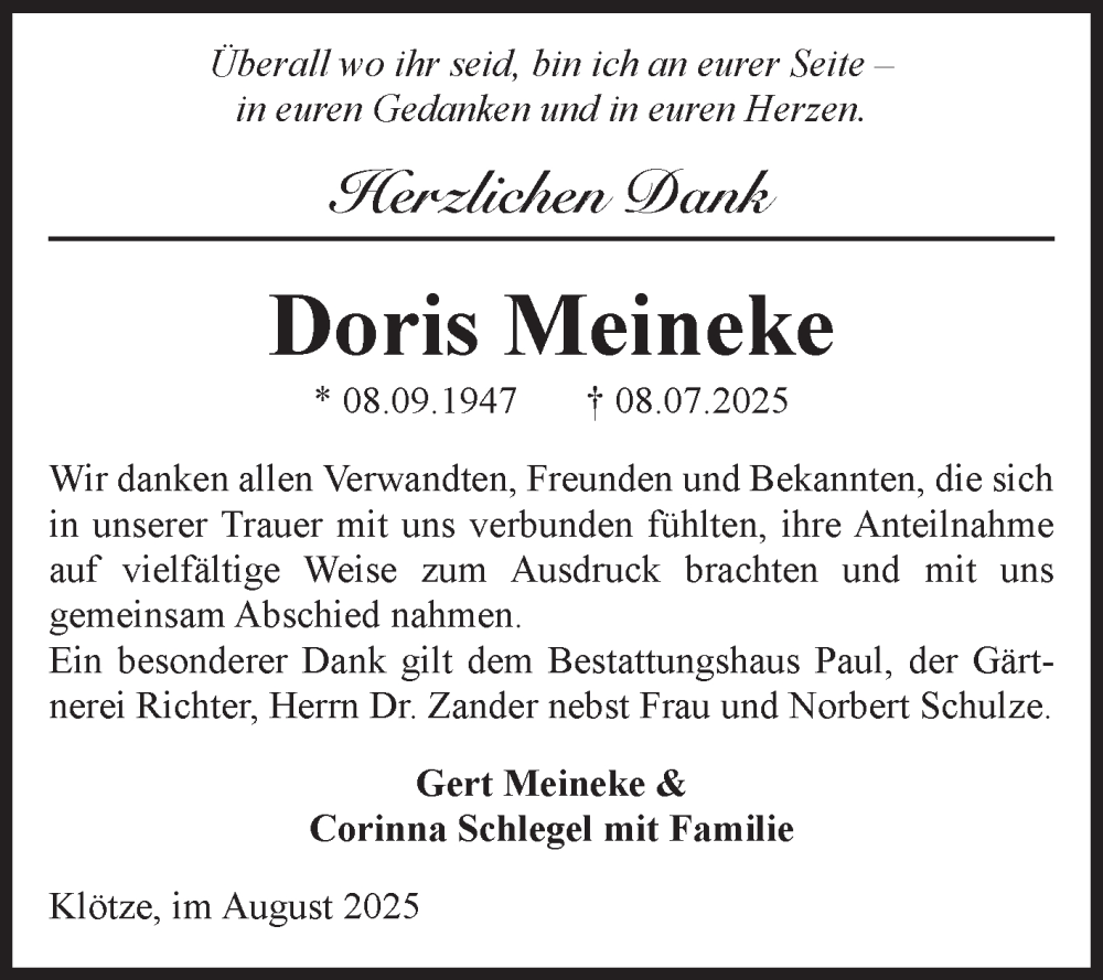  Traueranzeige für Doris Meineke vom 20.08.2025 aus Volksstimme Altmark West