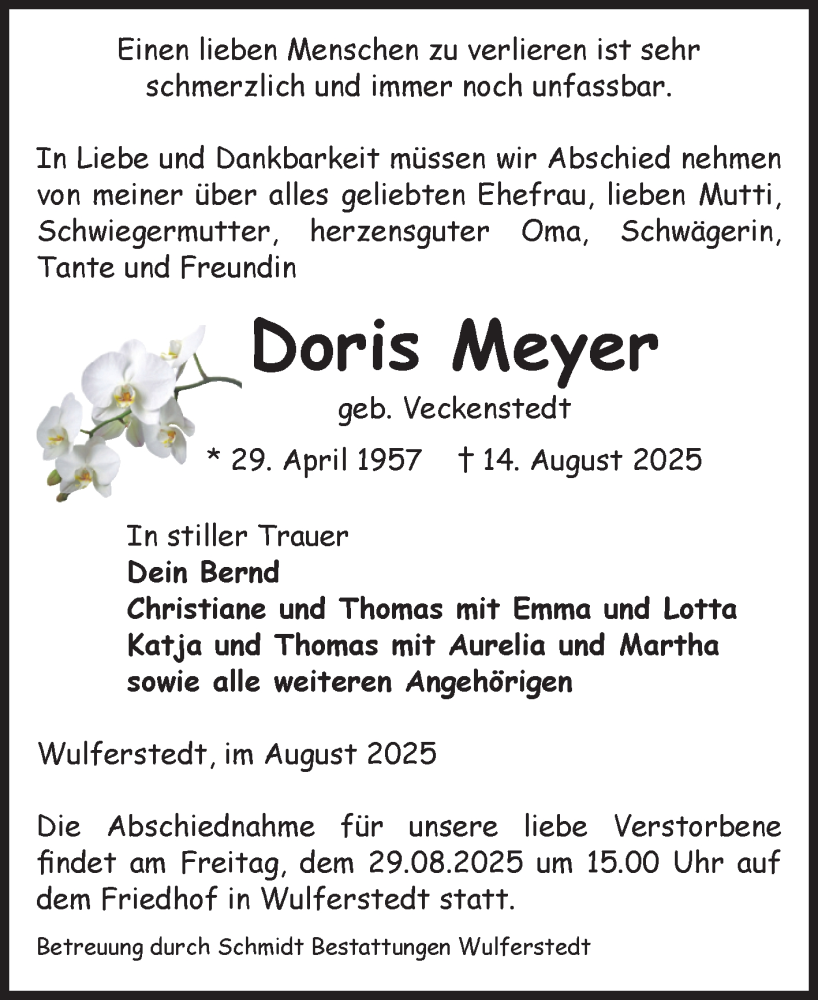  Traueranzeige für Doris Meyer vom 23.08.2025 aus Volksstimme Oschersleben/Wanzleben