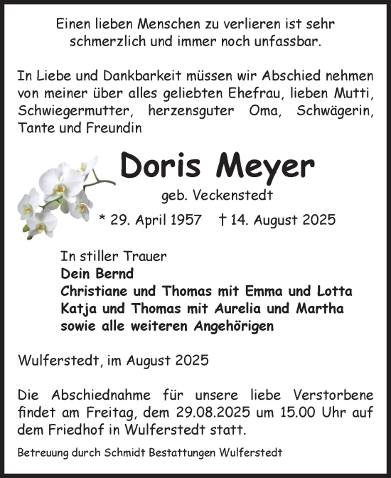 Traueranzeige von Doris Meyer von Volksstimme Oschersleben/Wanzleben